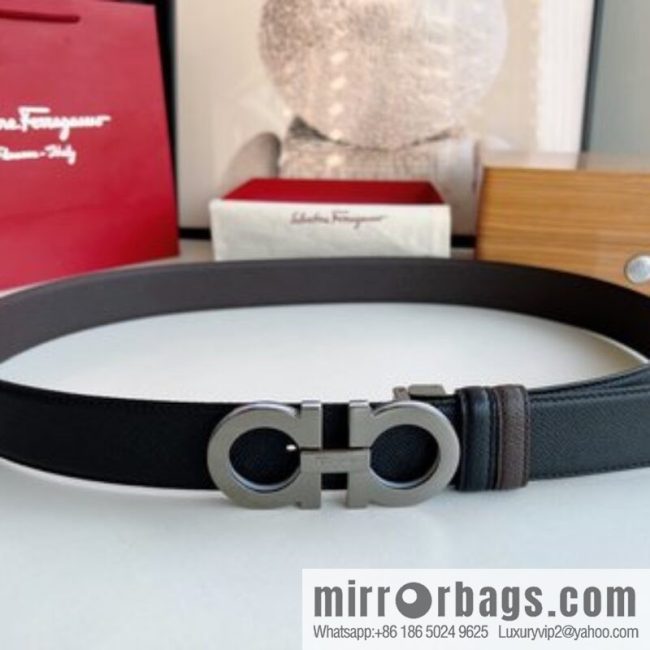Ferragamo Ferragamo, Classic Black Coffee Triple Sandwich Metal Buckle Men\'s 3.5cm Belt - Image 4