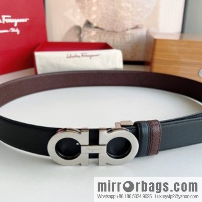 Ferragamo Ferragamo, Classic Black Coffee Triple Sandwich Metal Buckle Men\'s 3.5cm Belt - Image 2