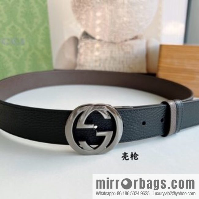 Gucci Gucci 3.5cm full leather black coffee double G gold/silver buckle belt - Image 4