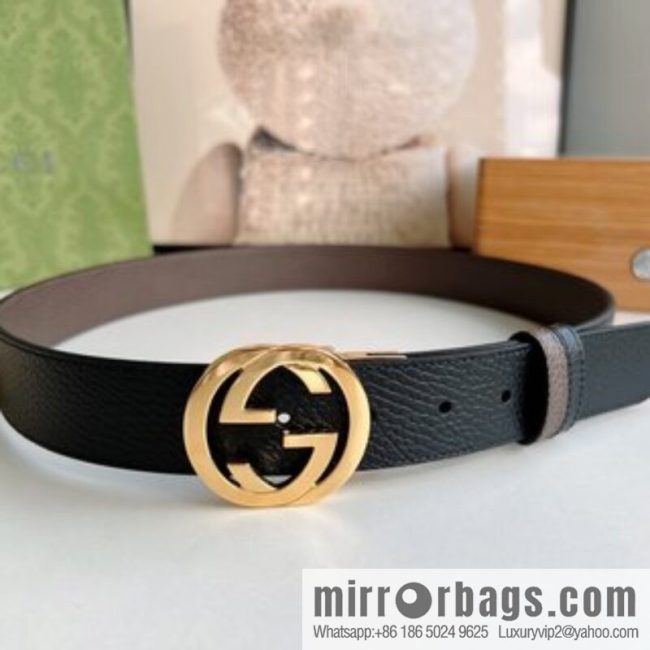 Gucci Gucci 3.5cm full leather black coffee double G gold/silver buckle belt - Image 3