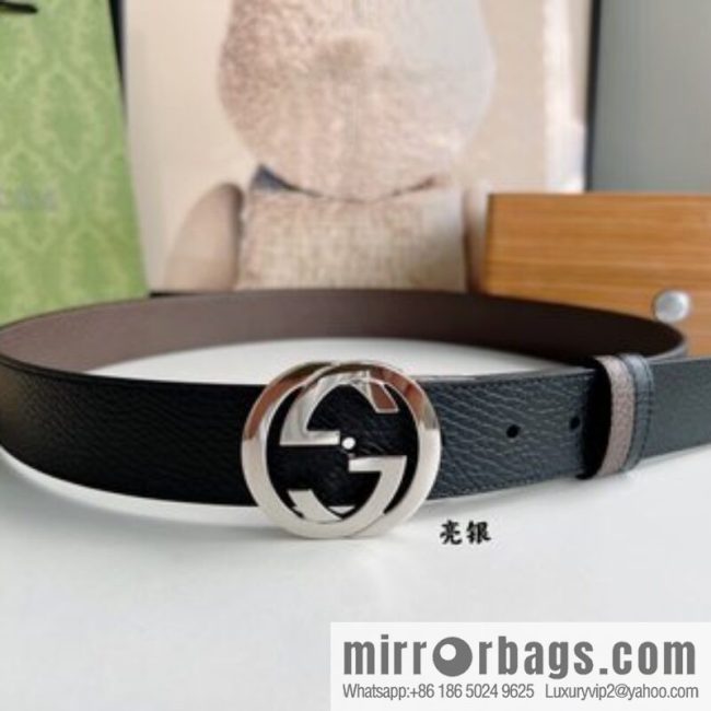 Gucci Gucci 3.5cm full leather black coffee double G gold/silver buckle belt - Image 2