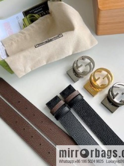 Gucci Gucci 3.5cm full leather black coffee double G gold/silver buckle belt