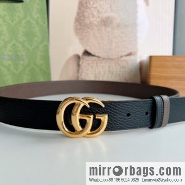 Gucci Gucci 3.5cm full leather black coffee double G gold/silver buckle belt - Image 3