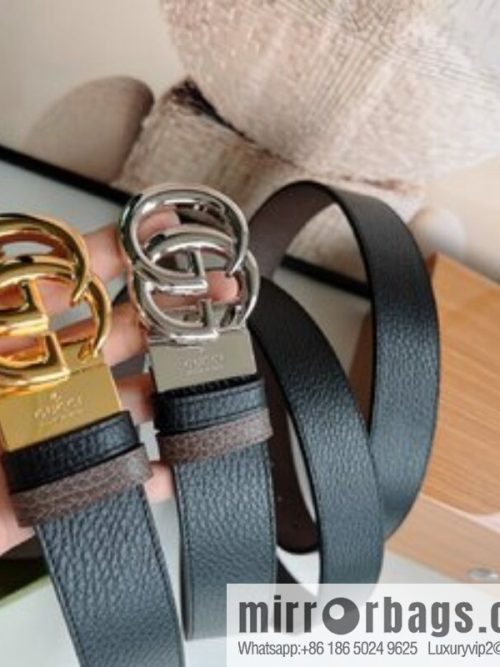 Gucci Gucci 3.5cm full leather black coffee double G gold/silver buckle belt