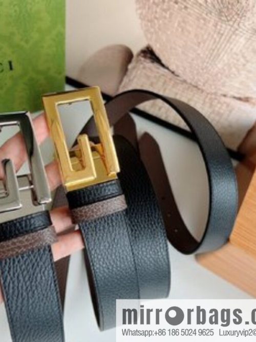 Gucci Gucci 3.5cm full leather black coffee double G gold/silver buckle belt