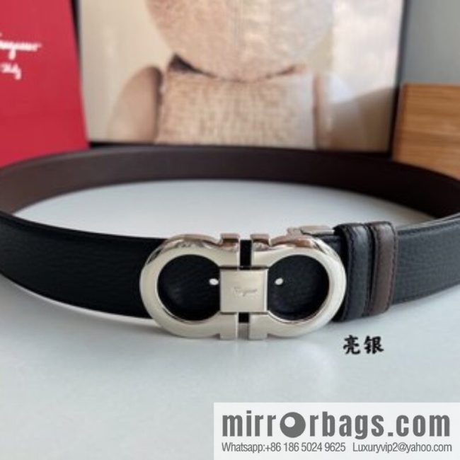 Salvatore Ferragamo Men\'s 3.5cm Delicate Counter Version Double Circle Horseshoe Metal Buckle, First Layer Cowhide Double Sided Belt - Image 2