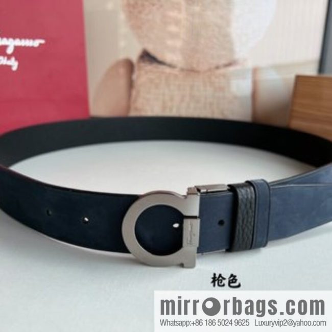 Salvatore Ferragamo Men\'s 3.5cm Counter Rotating Metal Clip Buckle, Imported First Layer Cowhide Swing Pattern Suede Lined Belt - Image 4