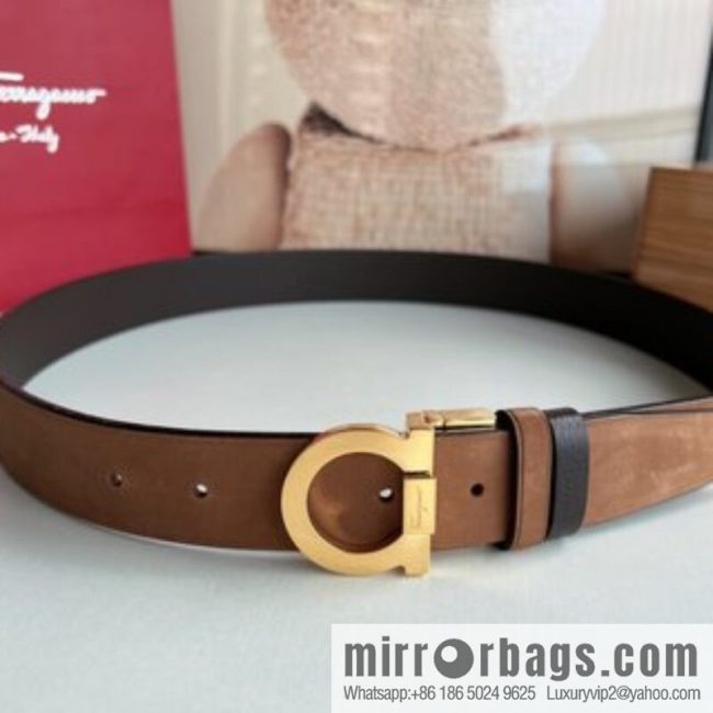 Salvatore Ferragamo Men\'s 3.5cm Counter Rotating Metal Clip Buckle, Imported First Layer Cowhide Swing Pattern Suede Lined Belt - Image 3