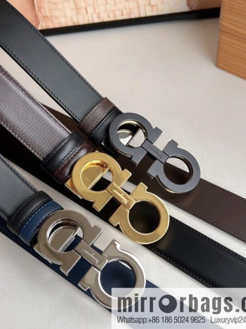 Salvatore Ferragamo Men\'s 3.5cm Exquisite Double Ring Metal Triple Clamp Buckle with First Cowhide Double Sided Belt