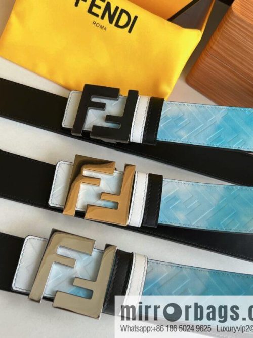 FENDI\'s latest extraordinary creative gradual change printing light blue double FF cowhide belt 4.0cm