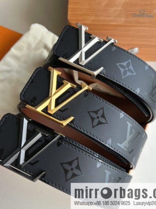 LV/Louis Vuitton, black flower men\'s double-sided PYRAMIDE calfskin brown belt