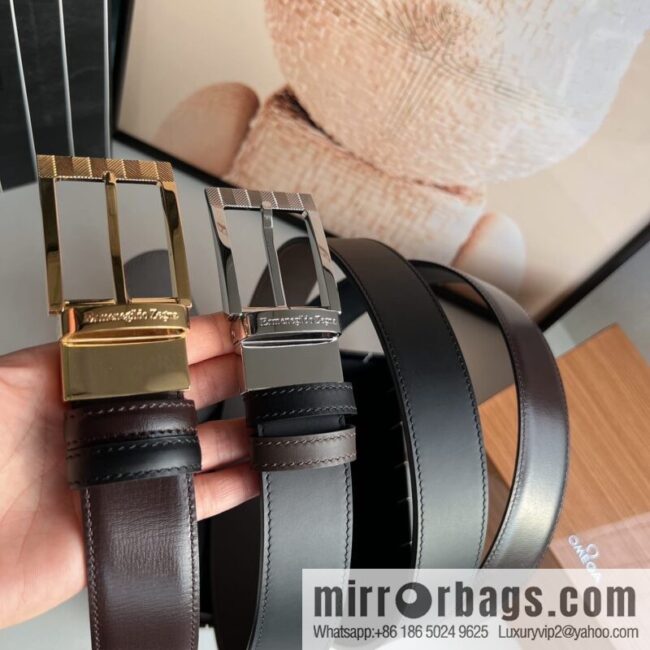 Zegna, double-sided first-layer cowhide texture rotating pin buckle men\'s 3.5cm belt