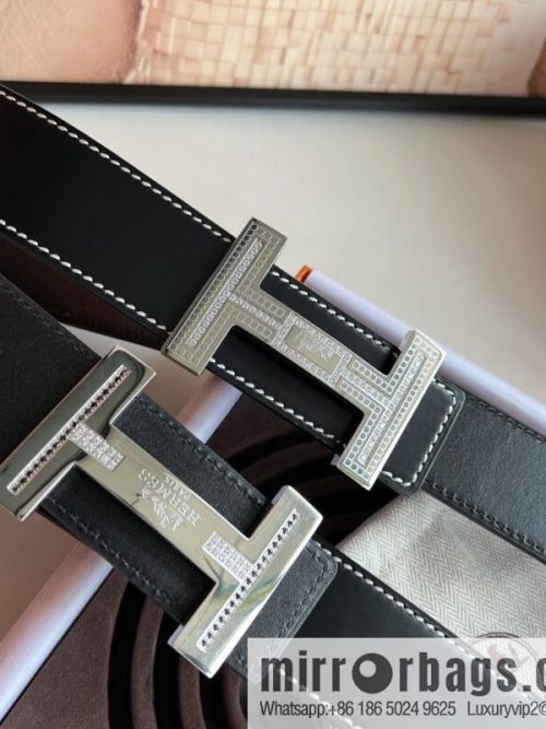 Hermes Hermes, stainless steel inlaid diamond metal buckle with first layer cowhide double-sided men\'s 3.8cm belt