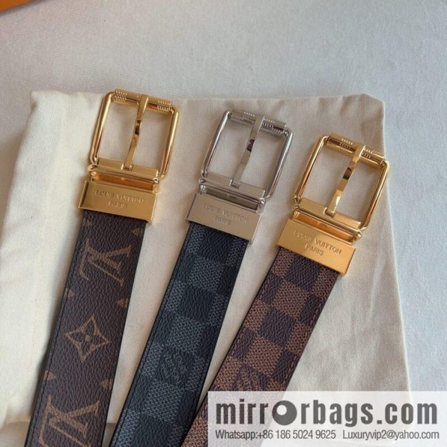 Louis Vuitton/Leather Lined Metal Buckle Damier Canvas Belt Men 35mm