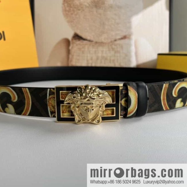 FEND Fendi, Metal Buckle Printed Fabric Cowhide Men\'s 4.0cm Belt - Image 3