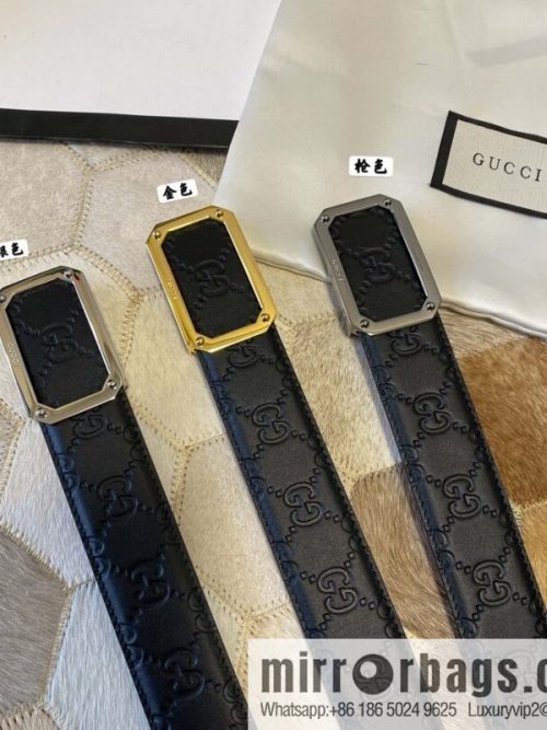 GUCCI square metal buckle 35mm double G embossed imported cowhide belt