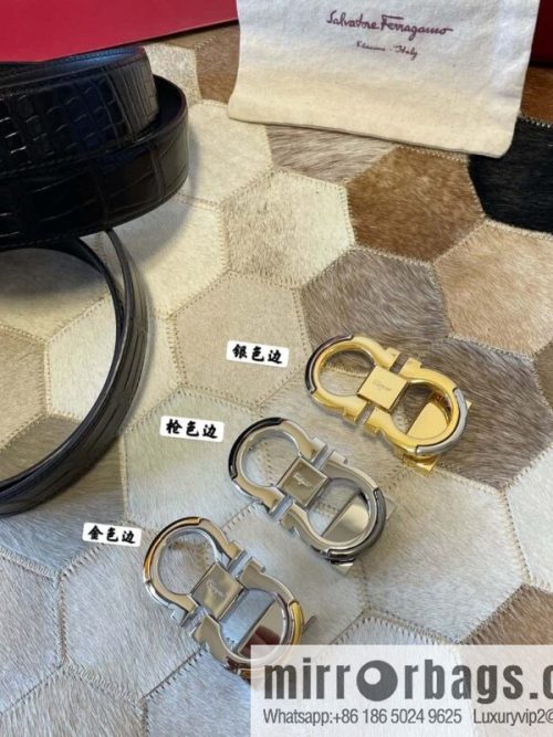 Ferragamo Gancio Double Circle Intertone Edge Metal Clip Buckle, Crocodile Belt 3.5cm