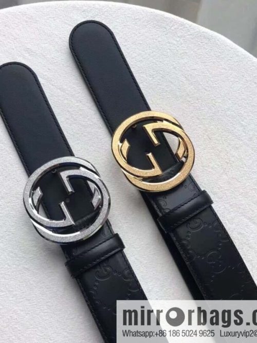 GUCCI Signature Men\'s Stainless Steel Double G Tumbling Sand Metal Buckle Embossed Top Cowhide Belt 3.8cm