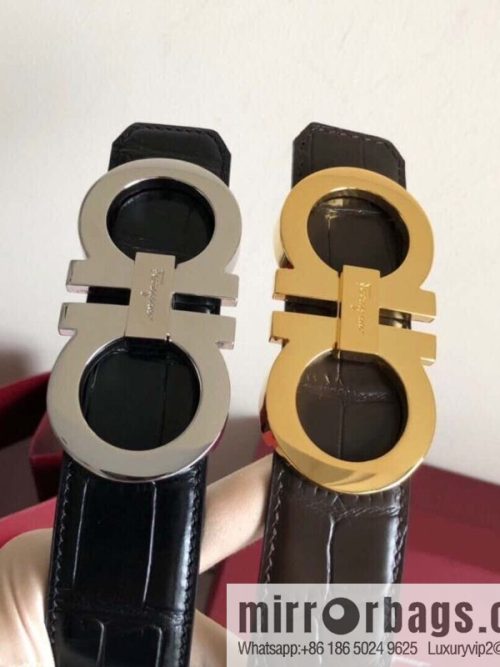 Ferragamo 3.5cm exquisite double-ring metal buckle, crocodile belt