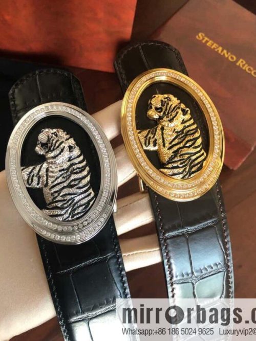 Stefano Ricci Stephen, Stainless Steel Tiger Head Round Diamond Buckle 3.8cm Alligator Belt
