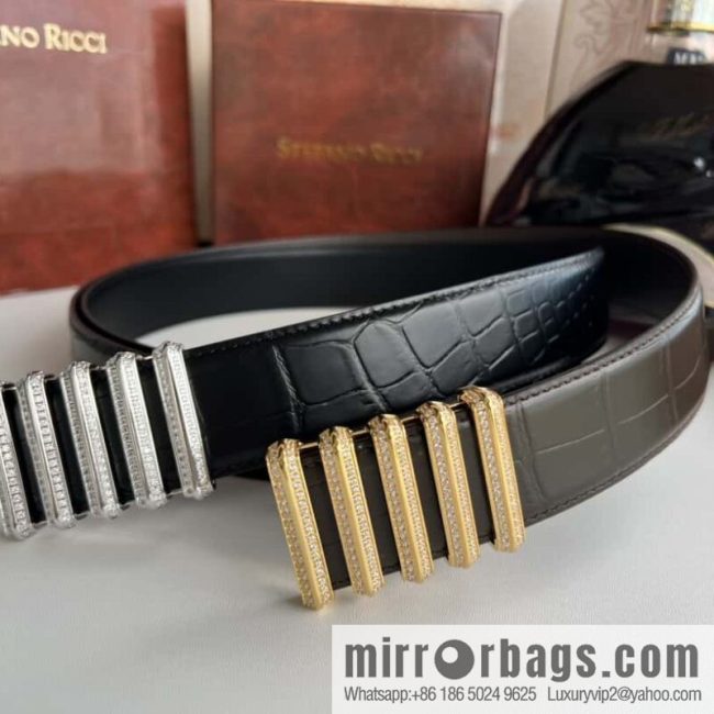Stefano Ricci Stephen, Stainless Steel Hollow Inner Wear Diamond Craft Button Head 3.8cm Alligator Belt