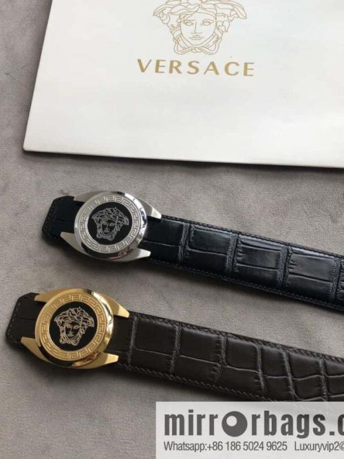 VERACE Versace, Medusa metal buckle, men\'s imported first layer cowhide embossed fine imitation crocodile leather belt 3.5cm