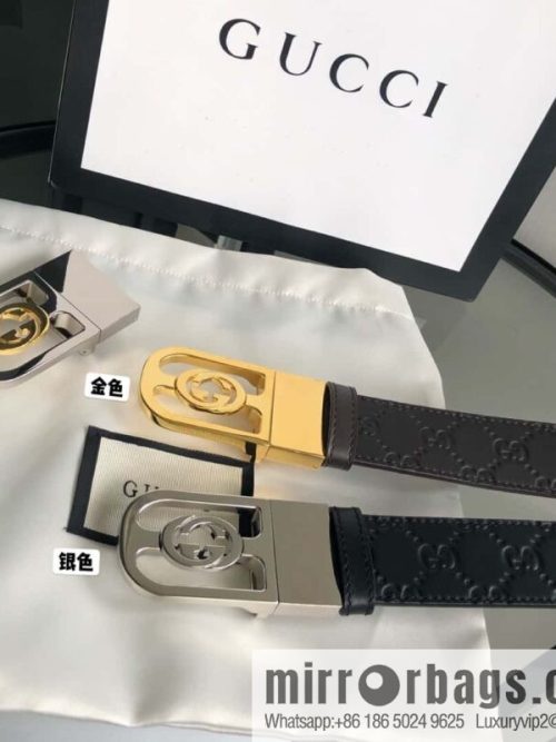 Gucci Gucci interlocking G-buckle first layer cowhide embossed belt 3.5cm