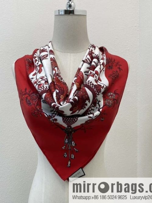 GUCCI \"Year of the Dragon Hand-painted Square Scarf\" Silk Scarf