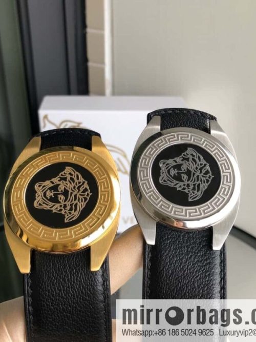 VERSACE Versace, stainless steel Medusa metal buckle, men\'s black first layer cowhide sheep texture belt 3.5cm