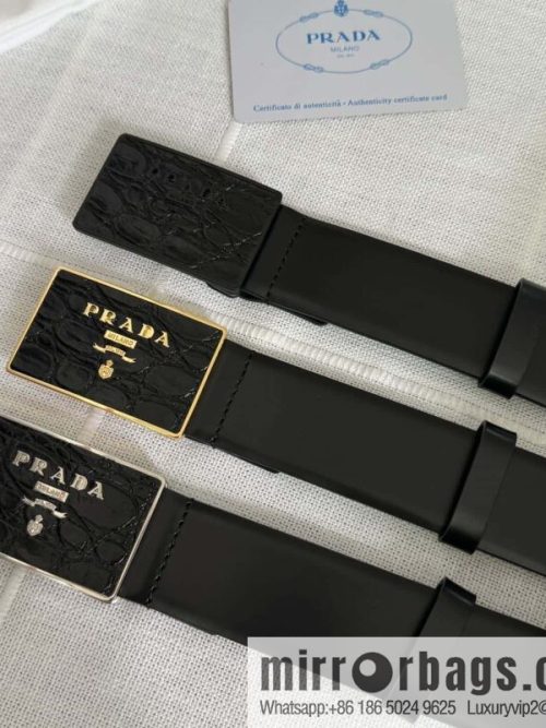 PRADA/Prada, men\'s black logo buckle sticker crocodile leather mixed pattern double-sided cowhide belt 3.5CM