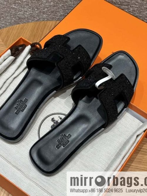 HERMES 181 Oran slippers, suede/diamond/Chamois leather/drilling black/ck89/noir