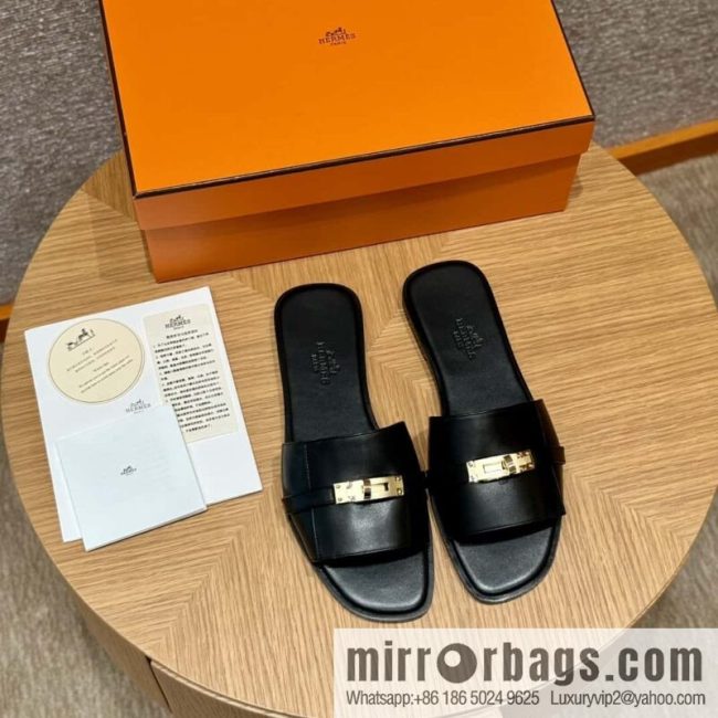 HERMES 183Kelly tow sandals Giulia calfskin /Calfskin black/CK89/Noir