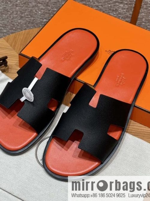 HERMES 182 -Lzmir Men\'s slippers, cowhide/Epsom black/ck89/with orange feet