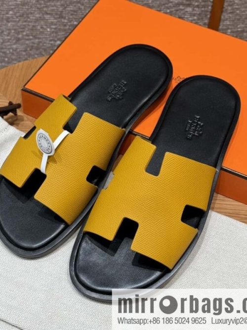HERMES 182 -Lzmir Men\'s slippers Men\'s slippers, cowhide/Epsom amber yellow/9D Jaune Amdre/with black feet