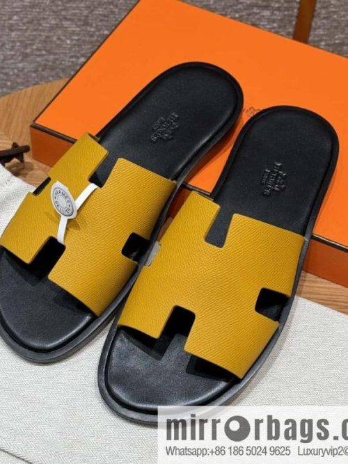 HERMES 182 -Lzmir Men\'s slippers Men\'s slippers, cowhide/Epsom amber yellow/9D Jaune Amdre/with black feet
