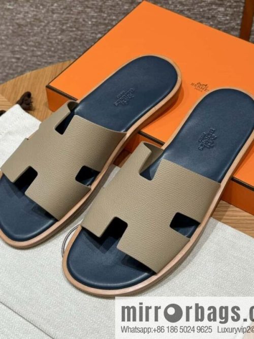 HERMES 182 Men\'s slippers Men\'s slippers Palmprint calfskin/Epsom/Calfskin trench coat gray/S2/Trench
