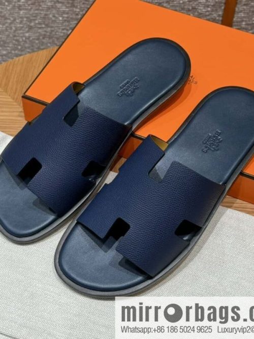 HERMES 182 Men\'s slippers Palm print calfskin/Epsom/Calfskin blue/Army blve