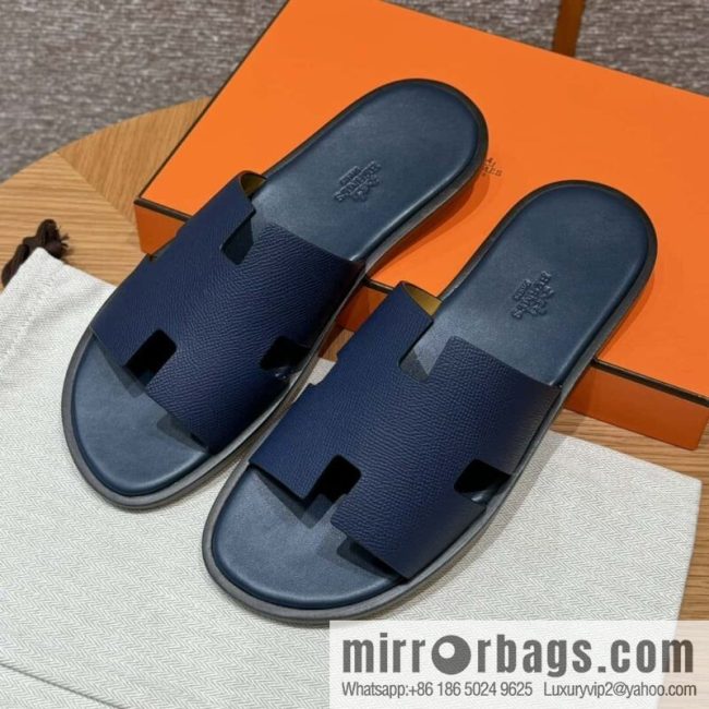 HERMES 182 Men\'s slippers Palm print calfskin/Epsom/Calfskin blue/Army blve