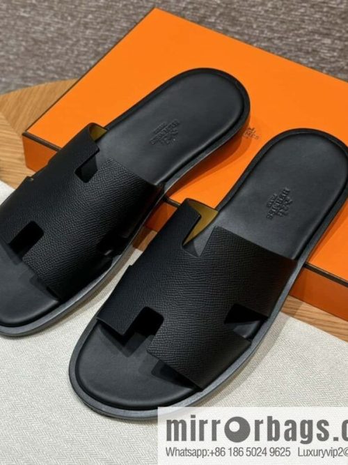 HERMES 182 Men\'s slippers Men\'s slippers Palm print calfskin/Epsom/Calfskin black/ck89/noir