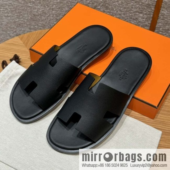 HERMES 182 Men\'s slippers Men\'s slippers Palm print calfskin/Epsom/Calfskin black/ck89/noir