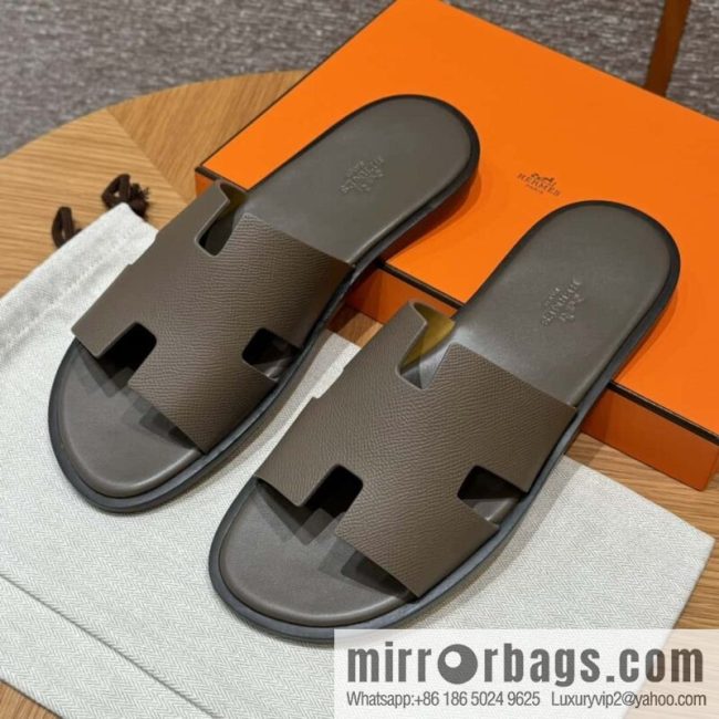 HERMES 182 Men\'s slippers Men\'s slippers Palmprint Calfskin/Epsom/Calfskin Elephant Grey/ck18/Etoupe