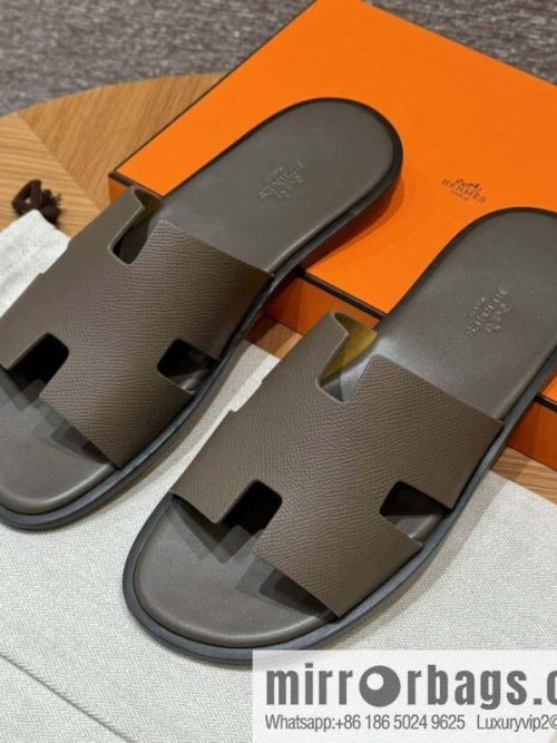 HERMES 182 Men\'s slippers Men\'s slippers Palmprint Calfskin/Epsom/Calfskin Elephant Grey/ck18/Etoupe