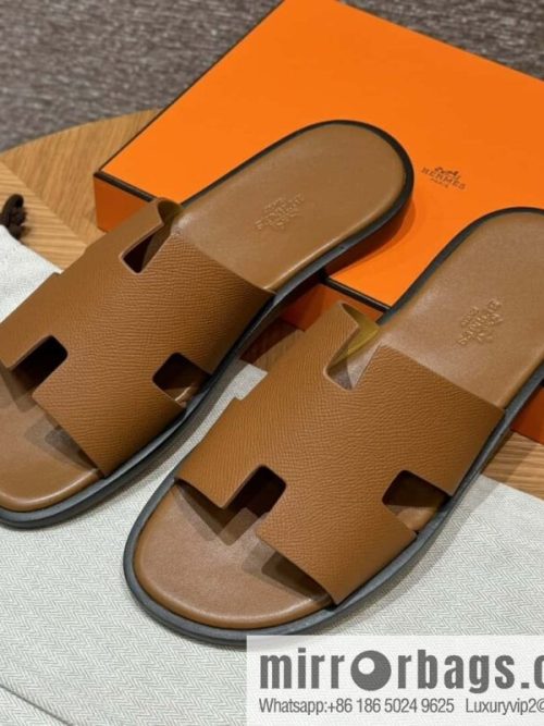 HERMES 182 Men\'s slippers Men\'s slippers Palm print calfskin/Epsom/Calfskin gold brown/ck37/gold
