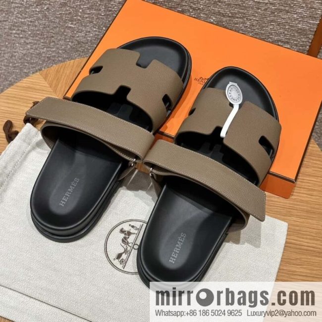 HERMES 180 CHYPRE SANDAL uncle shoes, palm print/Epsom elephant gray/18/Etoupe