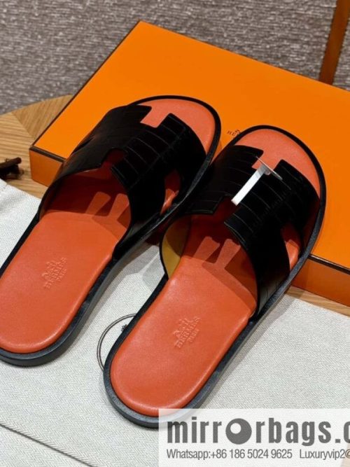 HERMES 182 -Lzmir Men\'s slippers, black/89/Black/with orange alligator/alligator🐊