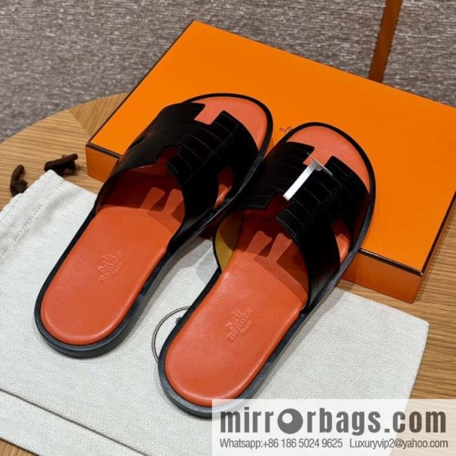 HERMES 182 -Lzmir Men\'s slippers, black/89/Black/with orange alligator/alligator🐊