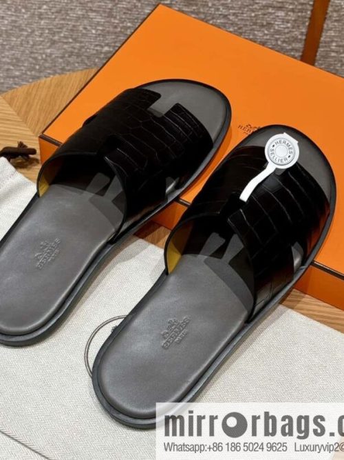HERMES 182 -Lzmir Men\'s slippers, black/89/Black/with tin ash alligator/alligator🐊