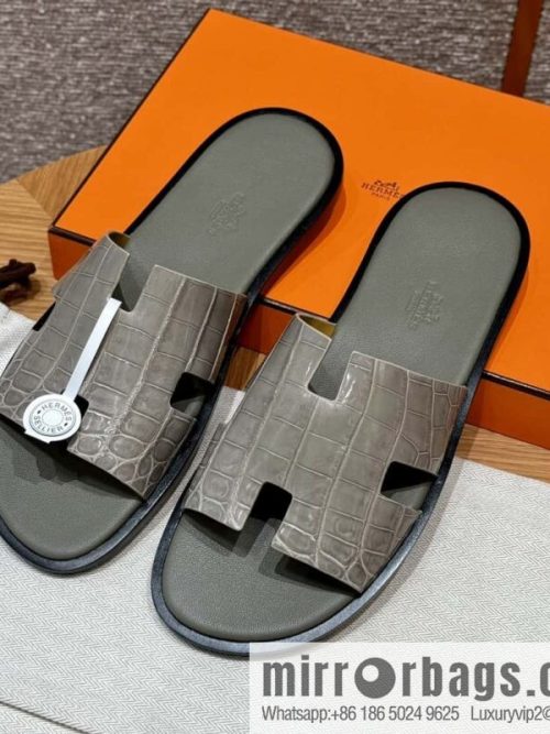 HERMES 182 -Lzmir Men\'s slippers Men\'s slippers, turtledove gray/ck81/with tin ash foot pad alligator/crocodile🐊