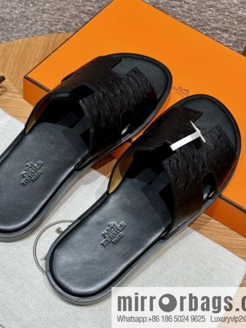 HERMES 182 -Lzmir Men\'s slippers, black/89/Black/with black foot pads, ostrich 🐦/Ostrich