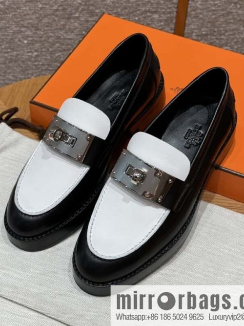 HERMES 101 Hot loafers, black with white/Black with white calfskin/Calfskin